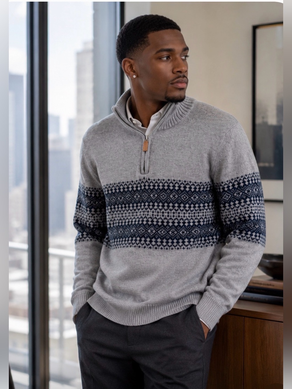 St John’s Bay Cotton/Wool Blend Gray Winter Sweater - FairIsle Pattern - Medium